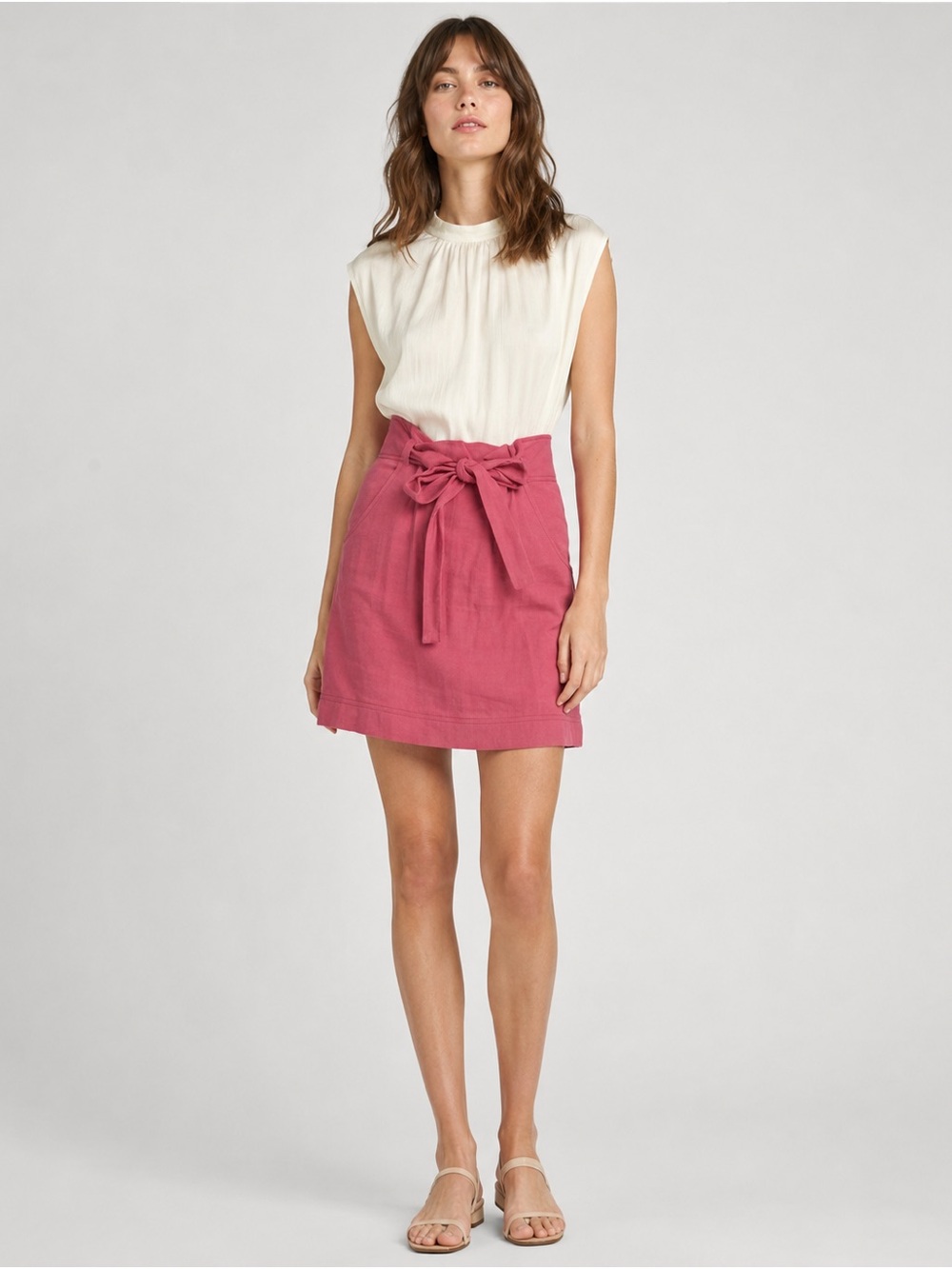See by Chloé Pink Linen Blend Tie Waist Pleated Mini Skirt M US 6 FR 38 EUC